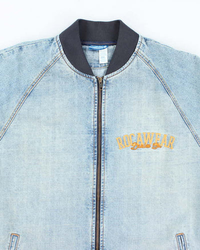 Vintage Y2K Roca Wear Light Wash Embroidered Denim Bomber Jacket - XXL