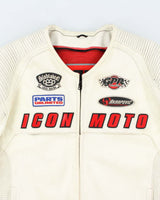 Vintage Y2K Icon Heavyweight Branded White Leather Biker Jacket - L