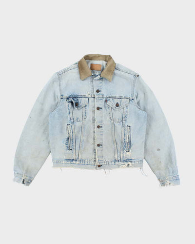 Vintage 90's Levi's Distressed Leather Collar Light Wash Denim Jacket - L