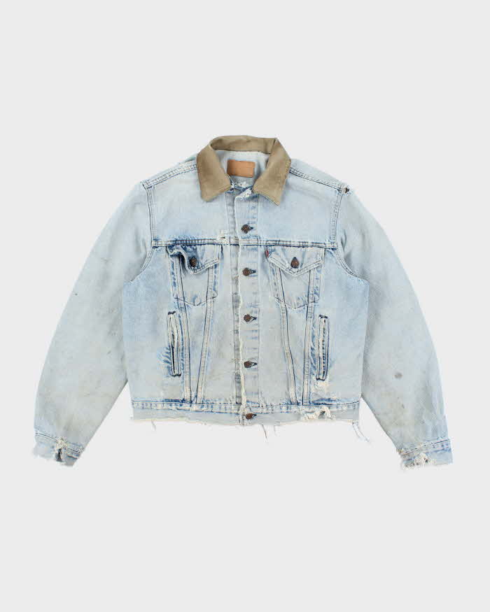 Vintage 90's Levi's Distressed Leather Collar Light Wash Denim Jacket - L