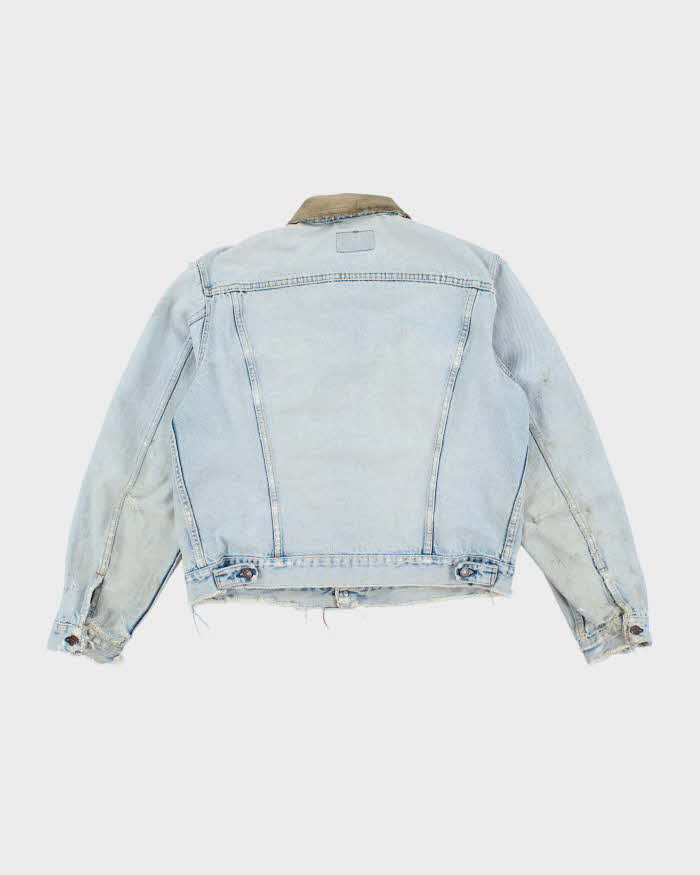 Vintage 90's Levi's Distressed Leather Collar Light Wash Denim Jacket - L