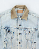 Vintage 90's Levi's Distressed Leather Collar Light Wash Denim Jacket - L