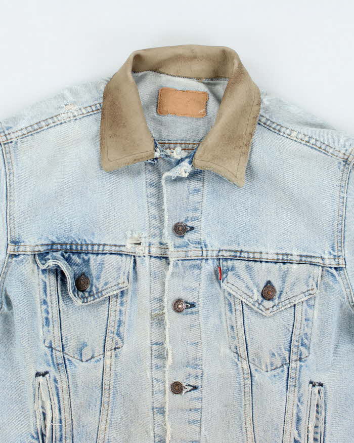 Vintage 90's Levi's Distressed Leather Collar Light Wash Denim Jacket - L