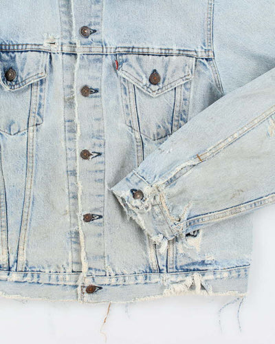 Vintage 90's Levi's Distressed Leather Collar Light Wash Denim Jacket - L