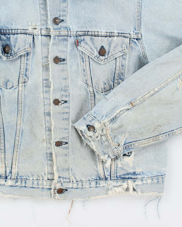 Vintage 90's Levi's Distressed Leather Collar Light Wash Denim Jacket - L