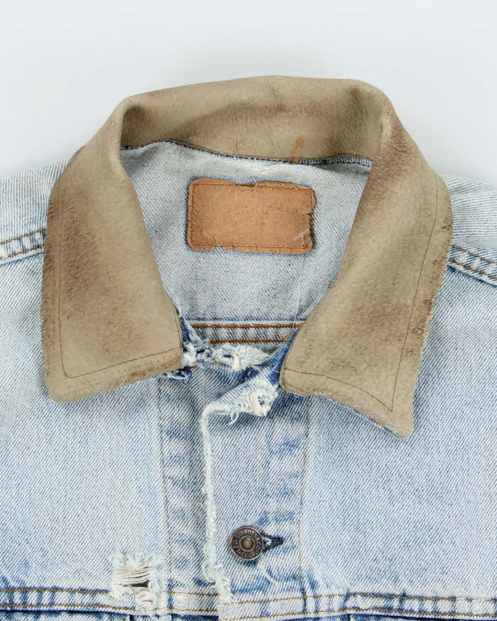 Vintage 90's Levi's Distressed Leather Collar Light Wash Denim Jacket - L