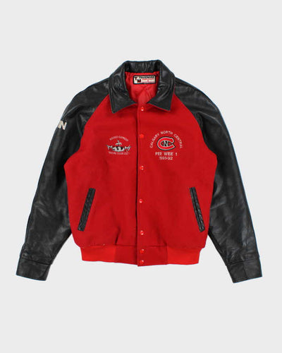 Vintage 90's Heavyweight Leather Embroidered Varsity Jacket - L