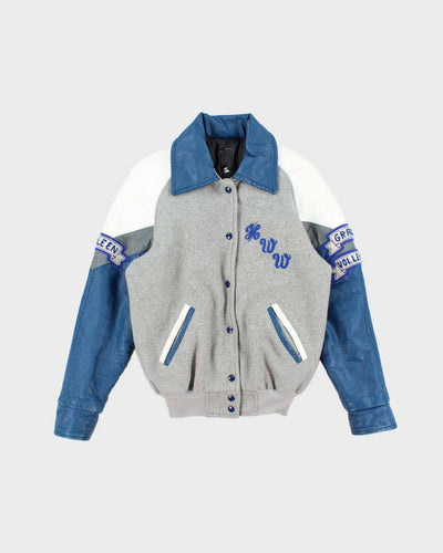 Men's Vintage Leather Blue and Grey Bomber Jacket - M