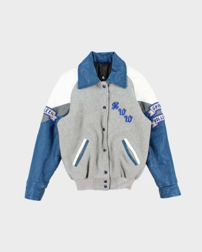 Men's Vintage Leather Blue and Grey Bomber Jacket - M