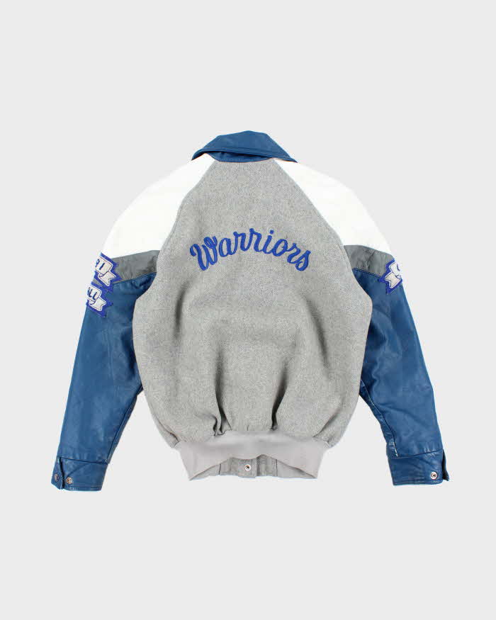 Men's Vintage Leather Blue and Grey Bomber Jacket - M