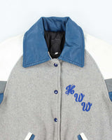 Men's Vintage Leather Blue and Grey Bomber Jacket - M