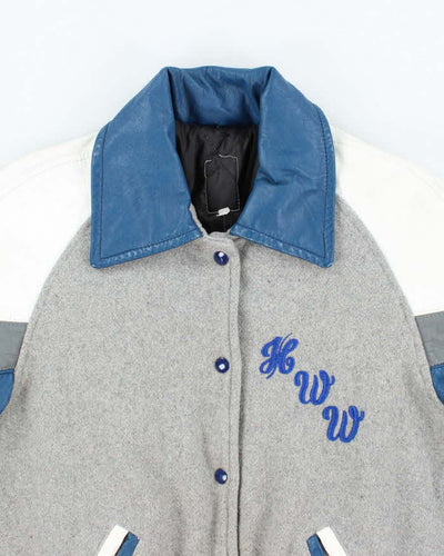 Men's Vintage Leather Blue and Grey Bomber Jacket - M