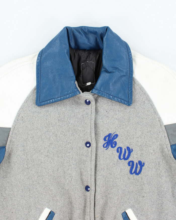 Men's Vintage Leather Blue and Grey Bomber Jacket - M