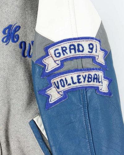 Men's Vintage Leather Blue and Grey Bomber Jacket - M