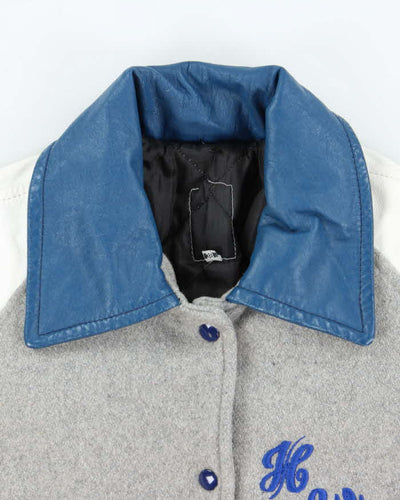 Men's Vintage Leather Blue and Grey Bomber Jacket - M