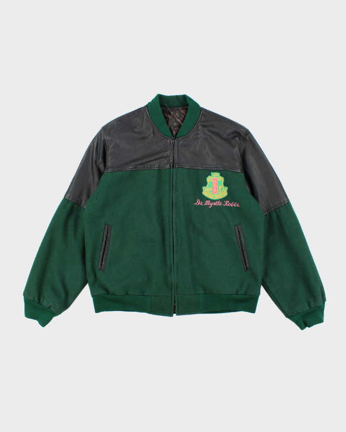 Men's Vintage Forest Green and Black Leather Bomber Jacket - L