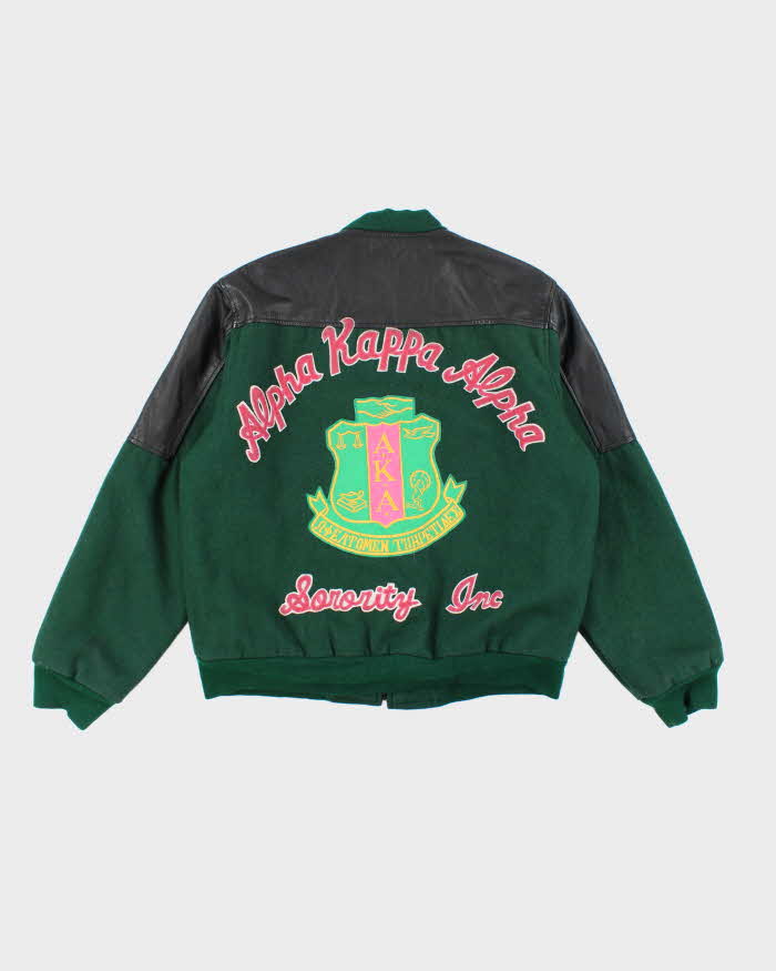 Men's Vintage Forest Green and Black Leather Bomber Jacket - L