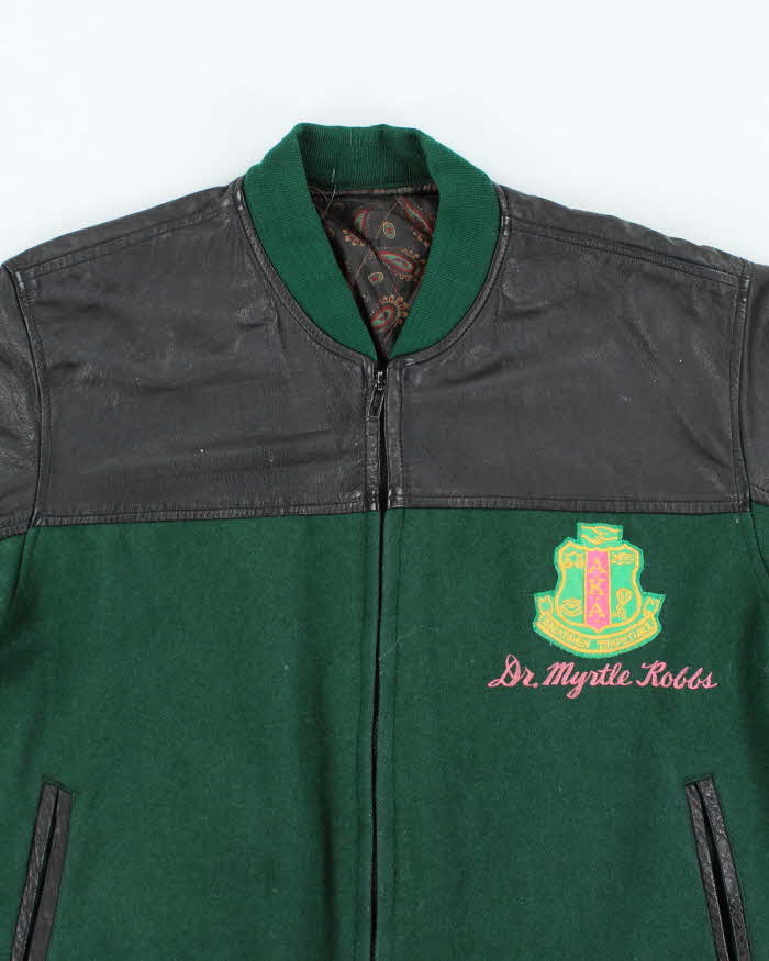 Men's Vintage Forest Green and Black Leather Bomber Jacket - L