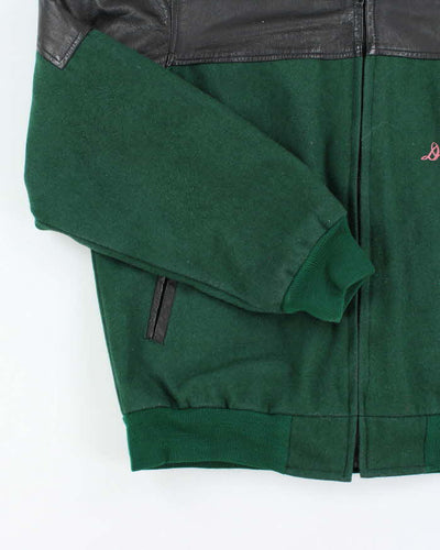 Men's Vintage Forest Green and Black Leather Bomber Jacket - L