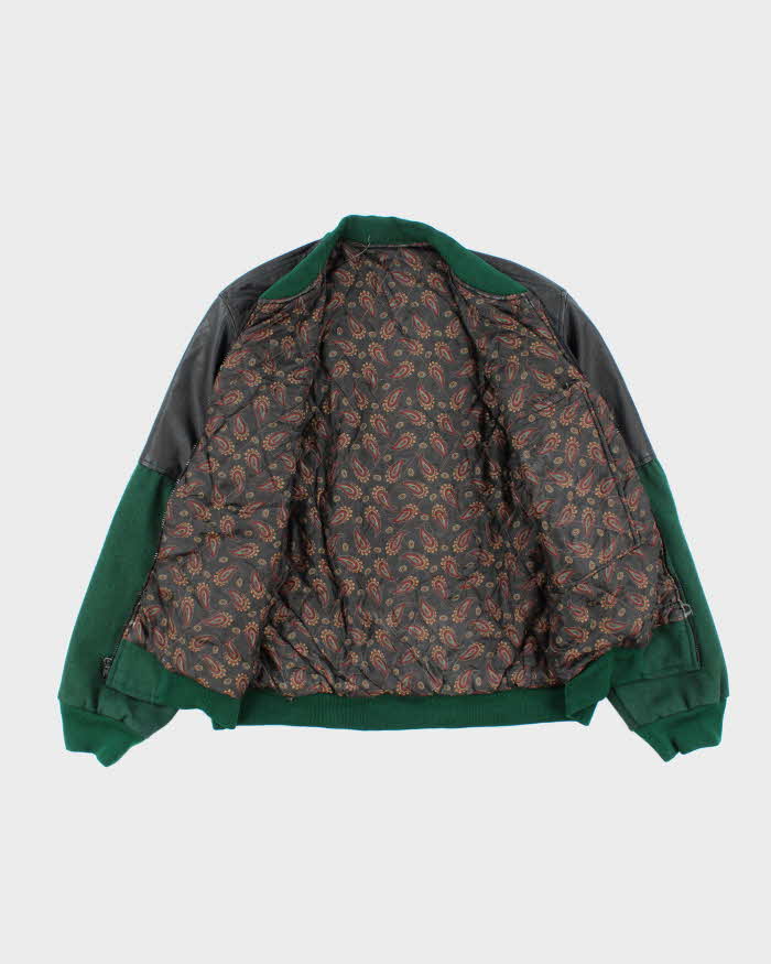 Men's Vintage Forest Green and Black Leather Bomber Jacket - L
