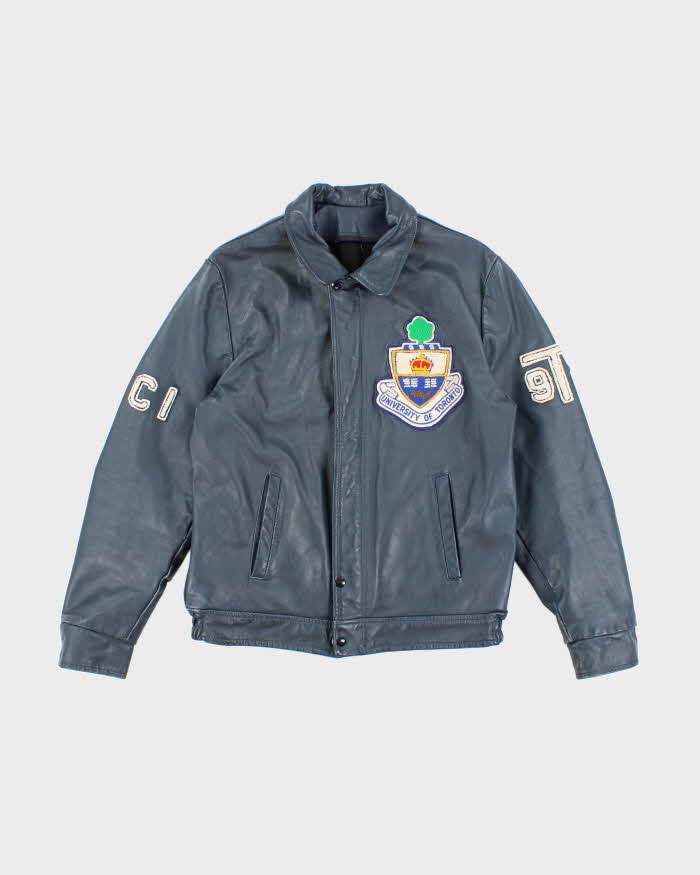 Vintage 1990s Men's Navy Blue Varsity Leather Jacket - M