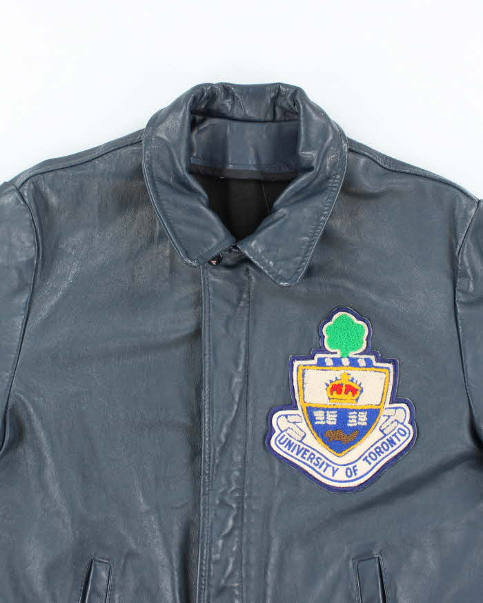 Vintage 1990s Men's Navy Blue Varsity Leather Jacket - M