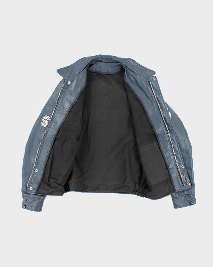 Vintage 1990s Men's Navy Blue Varsity Leather Jacket - M