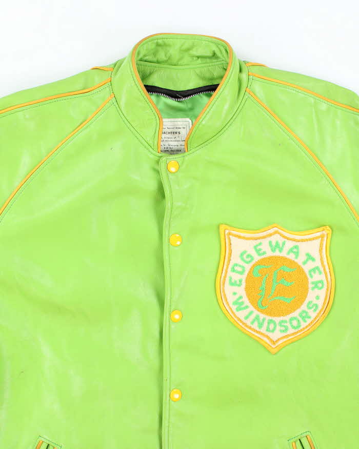 Vintage 1970s Schachter's Lime Green Leather Letter Jacket - L