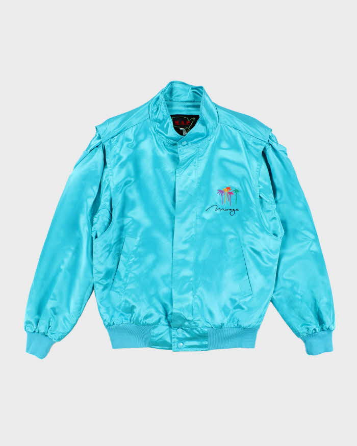 Vintage 1990s M.A.P. Teal Blue Satin Mirage Bomber Jacket - S