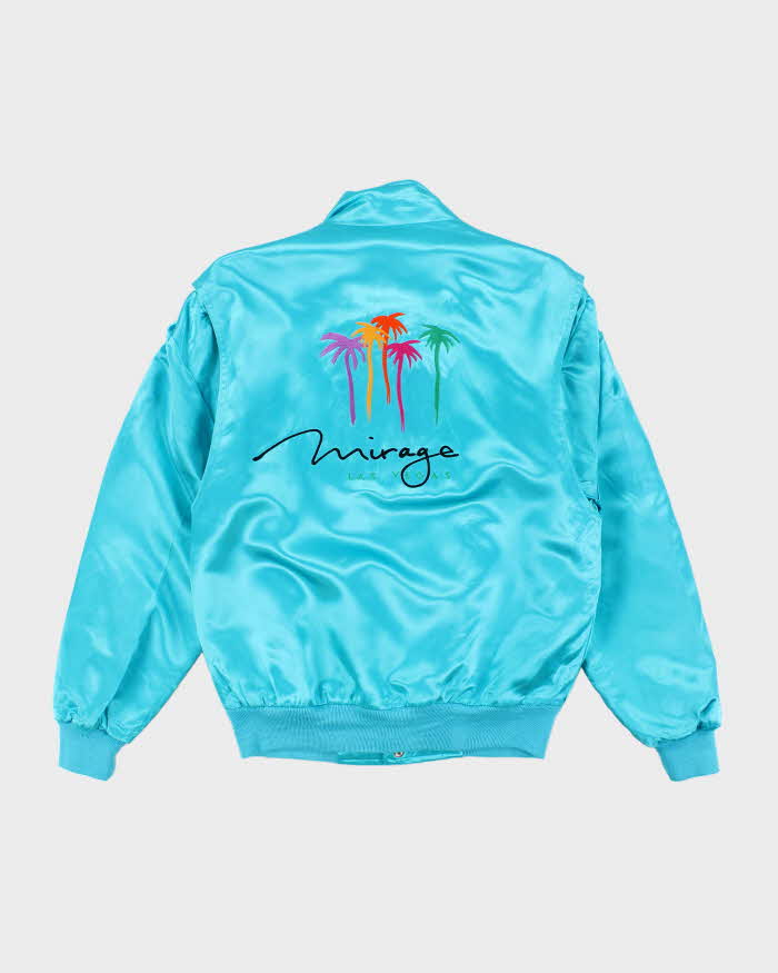 Vintage 1990s M.A.P. Teal Blue Satin Mirage Bomber Jacket - S