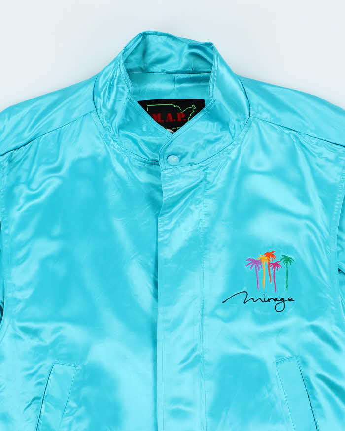 Vintage 1990s M.A.P. Teal Blue Satin Mirage Bomber Jacket - S
