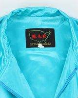 Vintage 1990s M.A.P. Teal Blue Satin Mirage Bomber Jacket - S