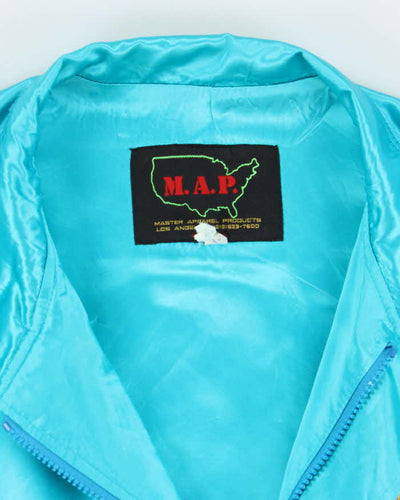 Vintage 1990s M.A.P. Teal Blue Satin Mirage Bomber Jacket - S