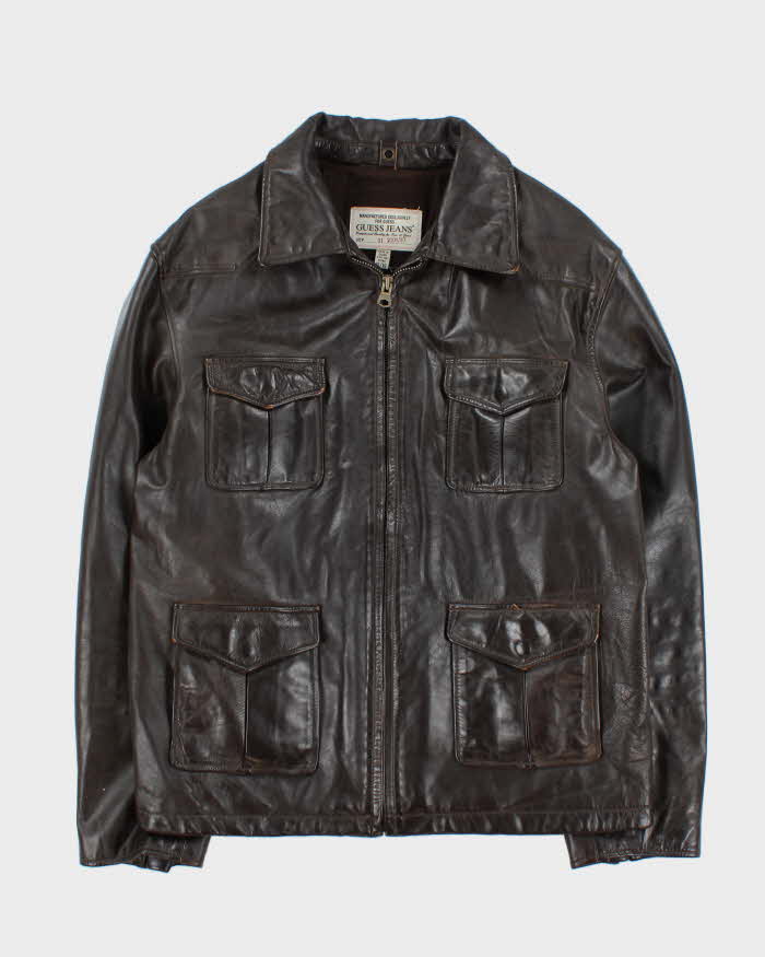 Vintage Y2K 00s Guess Jeans Brown Leather Zip Up Jacket - XL