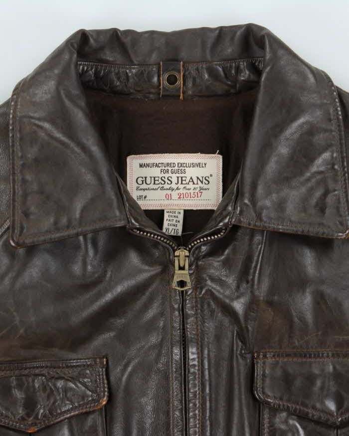 Vintage Y2K 00s Guess Jeans Brown Leather Zip Up Jacket - XL