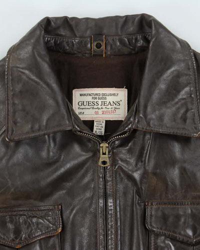 Vintage Y2K 00s Guess Jeans Brown Leather Zip Up Jacket - XL