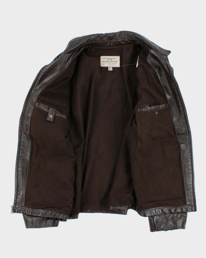Vintage Y2K 00s Guess Jeans Brown Leather Zip Up Jacket - XL – Rokit