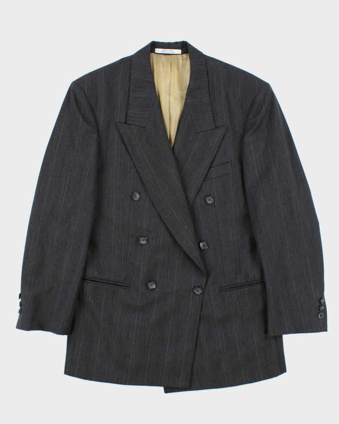 Vintage 90s Grey Pinstripe Wool Double Breasted Blazer - L
