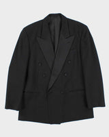 Vintage 90s Yves Saint Laurent Black Satin Detailed Wool Double Breasted Blazer - L