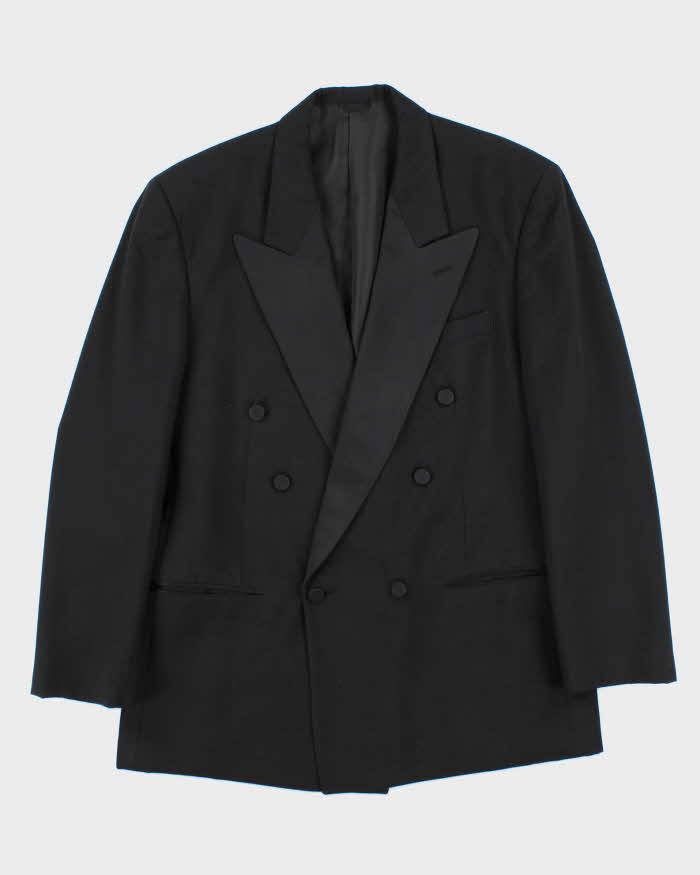 Vintage 90s Yves Saint Laurent Black Satin Detailed Wool Double Breasted Blazer - L