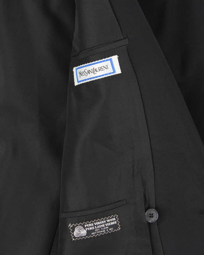 Vintage 90s Yves Saint Laurent Black Satin Detailed Wool Double Breasted Blazer - L