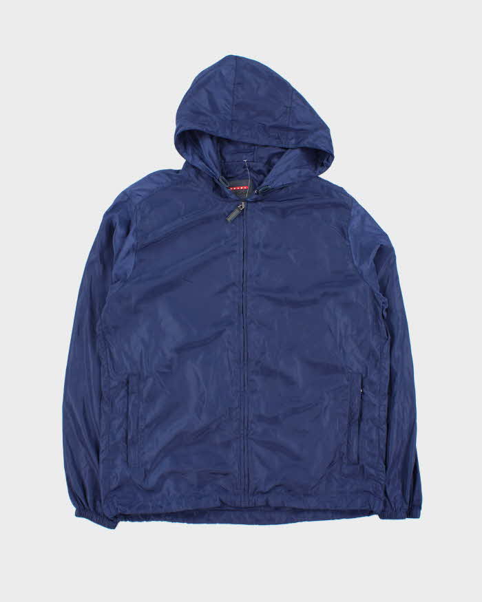 Vintage Prada Sport Blue Soft Shell Shimmer Zip-Up Hooded Windbreaker - XXL