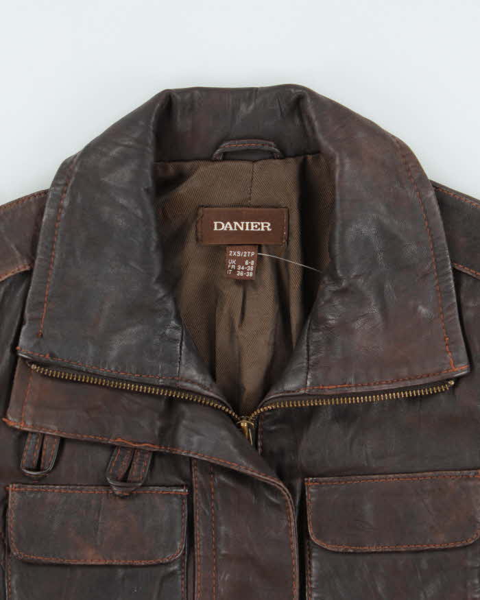 Vintage Y2K 00s Women's Danier Brown Contrast Stitch Leather Jacket - XXS