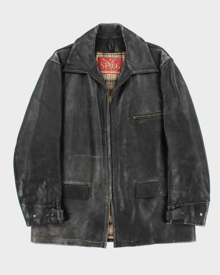 Vintage 1970s Stagg Australian Plaid Lined Long Leather Jacket - XL