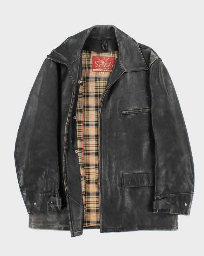 Vintage 1970s Stagg Australian Plaid Lined Long Leather Jacket - XL