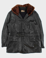 Vintage 1940s Belted Wool Lined Fur Collared Horsehide Leather Jacket - L