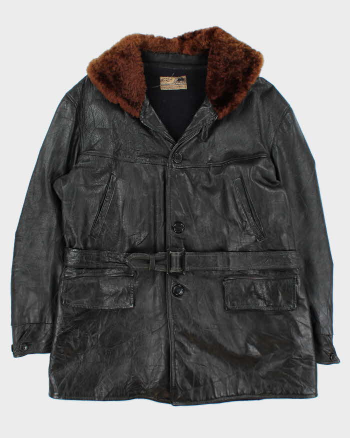 Vintage 1940s Belted Wool Lined Fur Collared Horsehide Leather Jacket - L