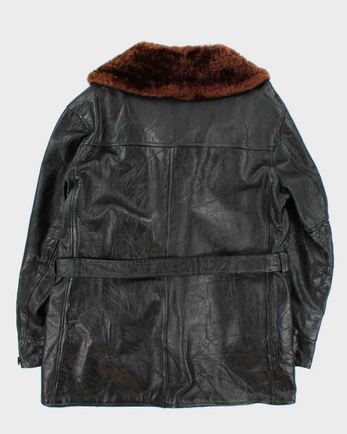 Vintage 1940s Belted Wool Lined Fur Collared Horsehide Leather Jacket - L