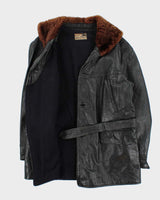 Vintage 1940s Belted Wool Lined Fur Collared Horsehide Leather Jacket - L