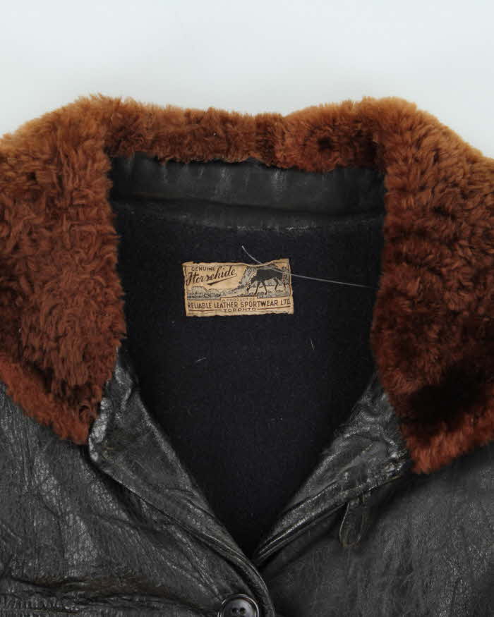 Vintage 1940s Belted Wool Lined Fur Collared Horsehide Leather Jacket - L